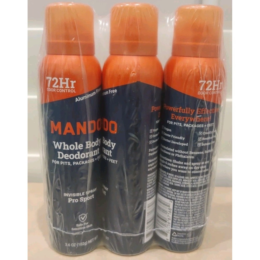 Mando Men's Whole Body Pro Sport Deodorant 72 Hr Invisible Spray 3.6 oz (3-pack)